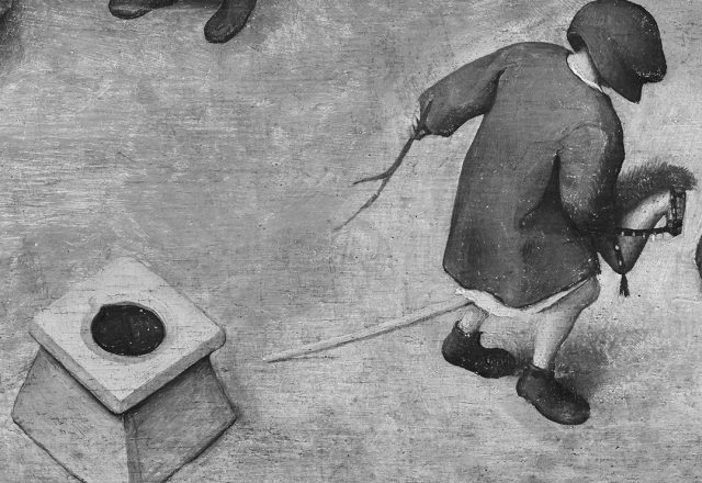monochrome detail from Breughel's painting of children at play, depicting a child on a hobby-horse
