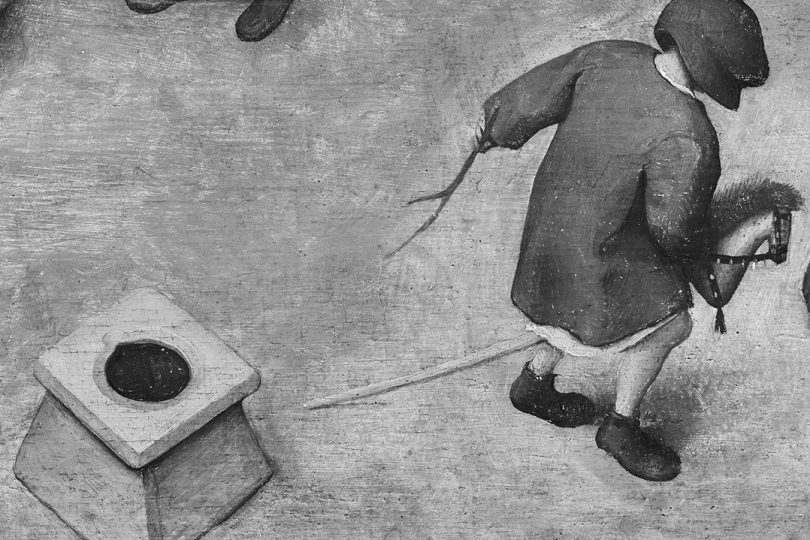 monochrome detail from Breughel's painting of children at play, depicting a child on a hobby-horse