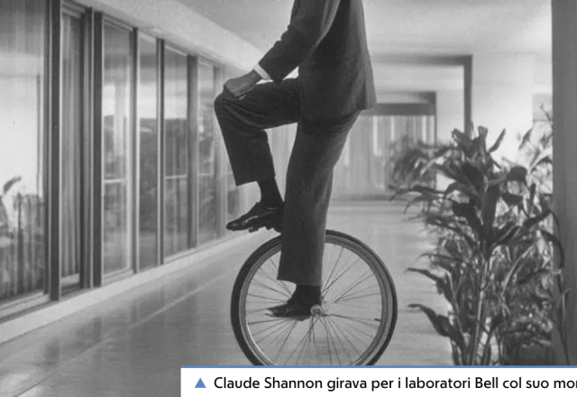 Claud Shannon riding his unicycle round Bell Labs